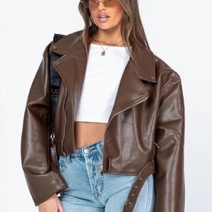 LIONESS Staten Island Brown Leather Cropped Biker  Motorcycle Jacket